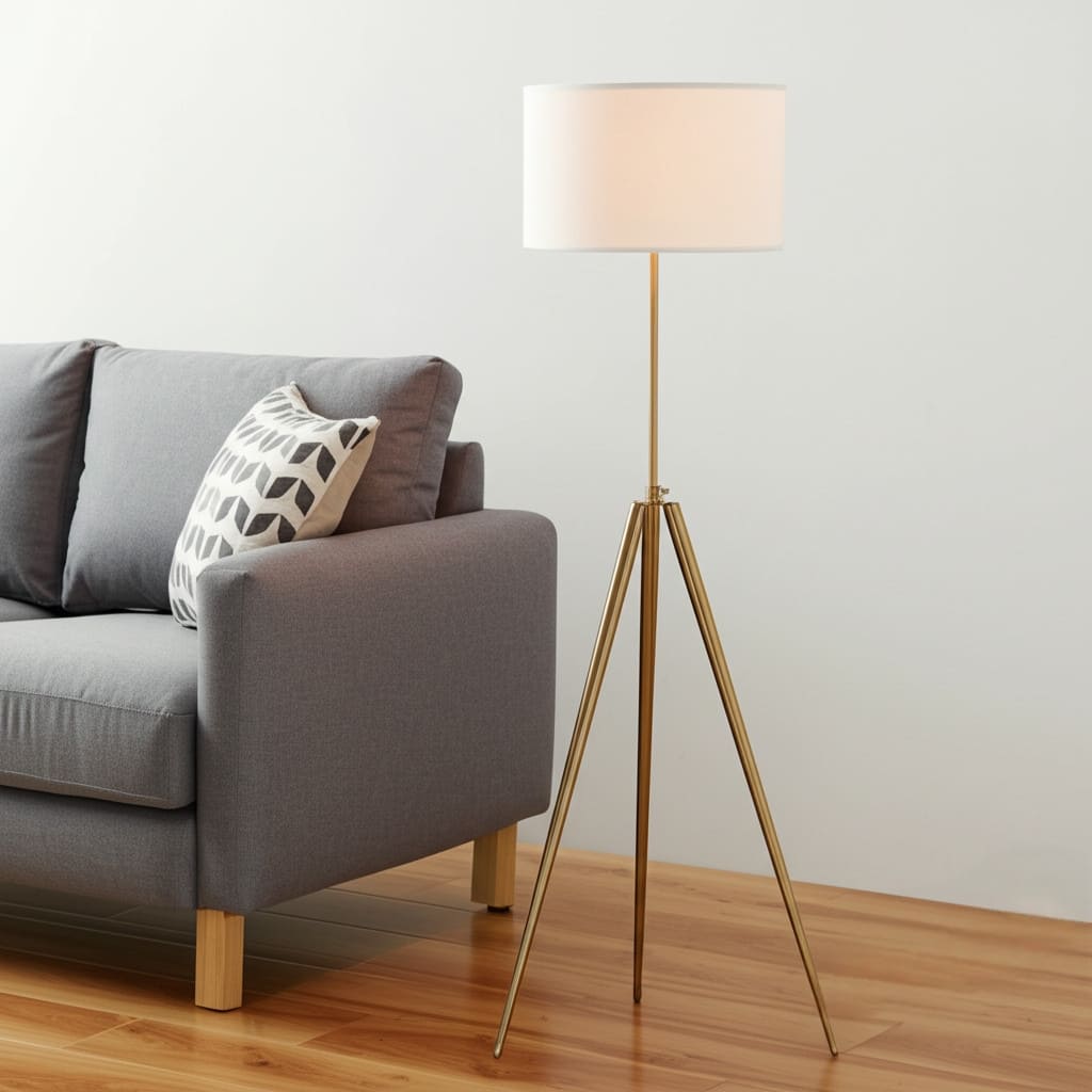 HomeRoots Gold Metal Adjustable Tripod Floor Lamp With White Linen Drum Shade