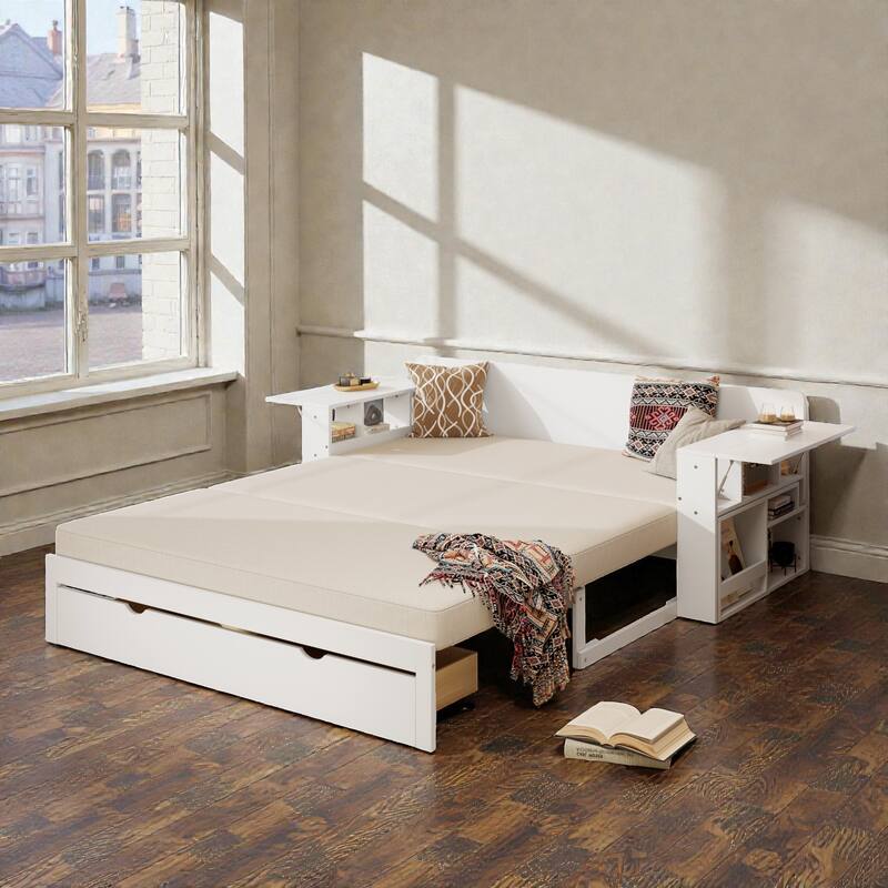 Queen Size 4-in-1 Daybed with Removable Desk, Storage Drawers, Hydraulic Side Tables & Extendable Armrests