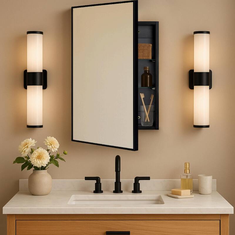 TEHOME Velin Recessed and Surface Mount Bathroom Medicine Cabinet with Mirror Square Cornered Metal Framed Rounded Rectangle