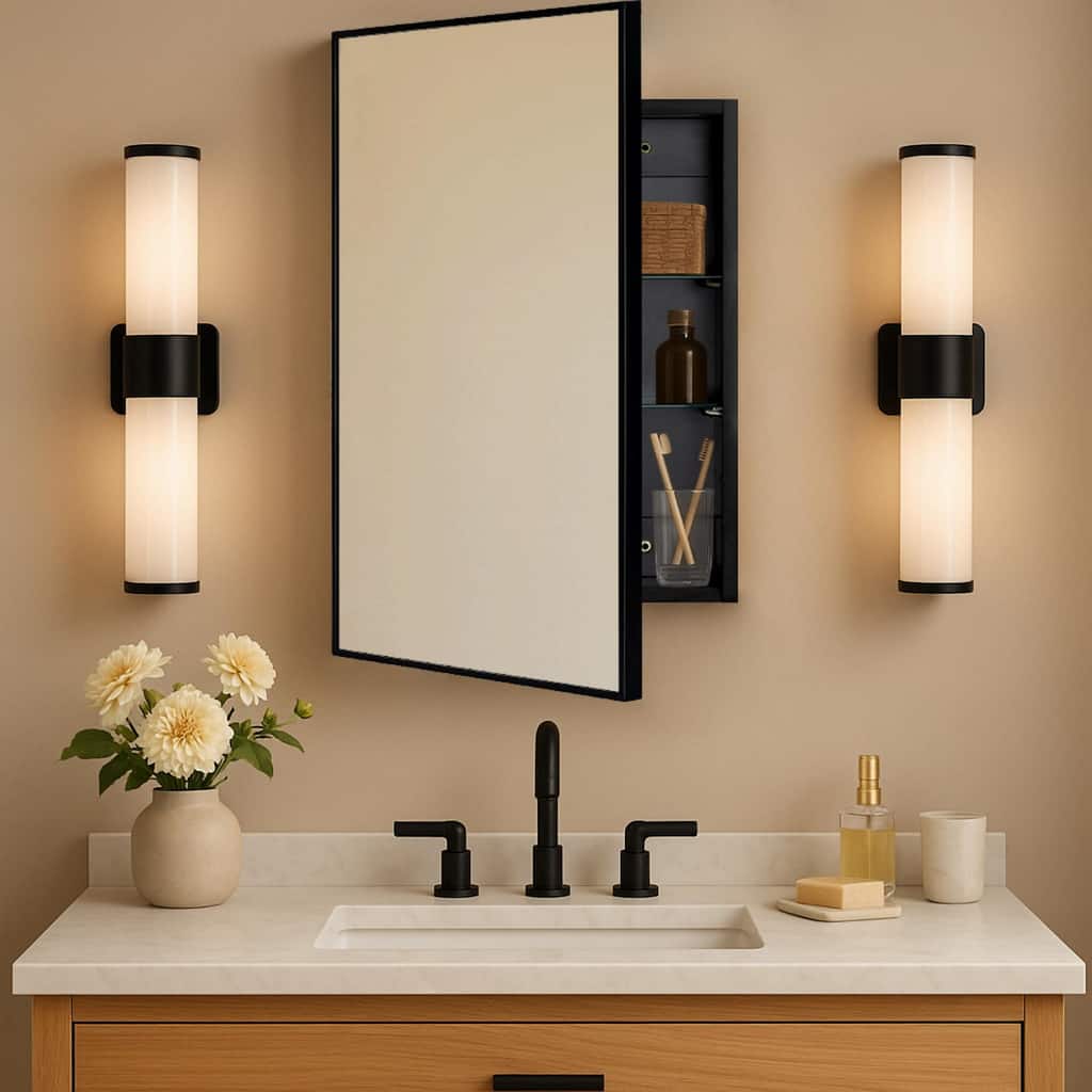 TEHOME Velin Recessed and Surface Mount Bathroom Medicine Cabinet with Mirror Square Cornered Metal Framed Rounded Rectangle