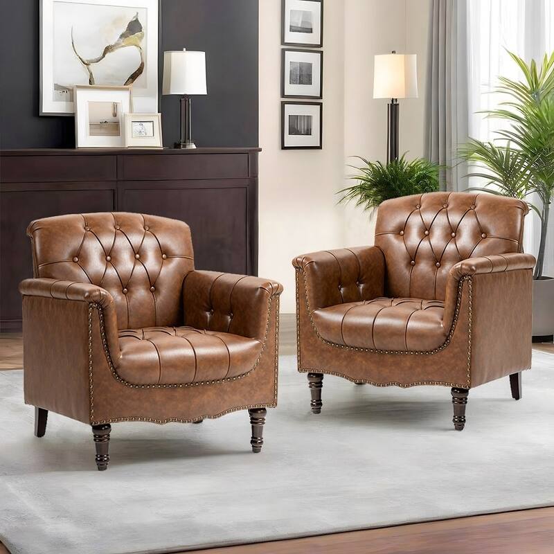 Modern Faux Leather Accent Chairs Set Of 2, Upholstered Armchair For Living Room
