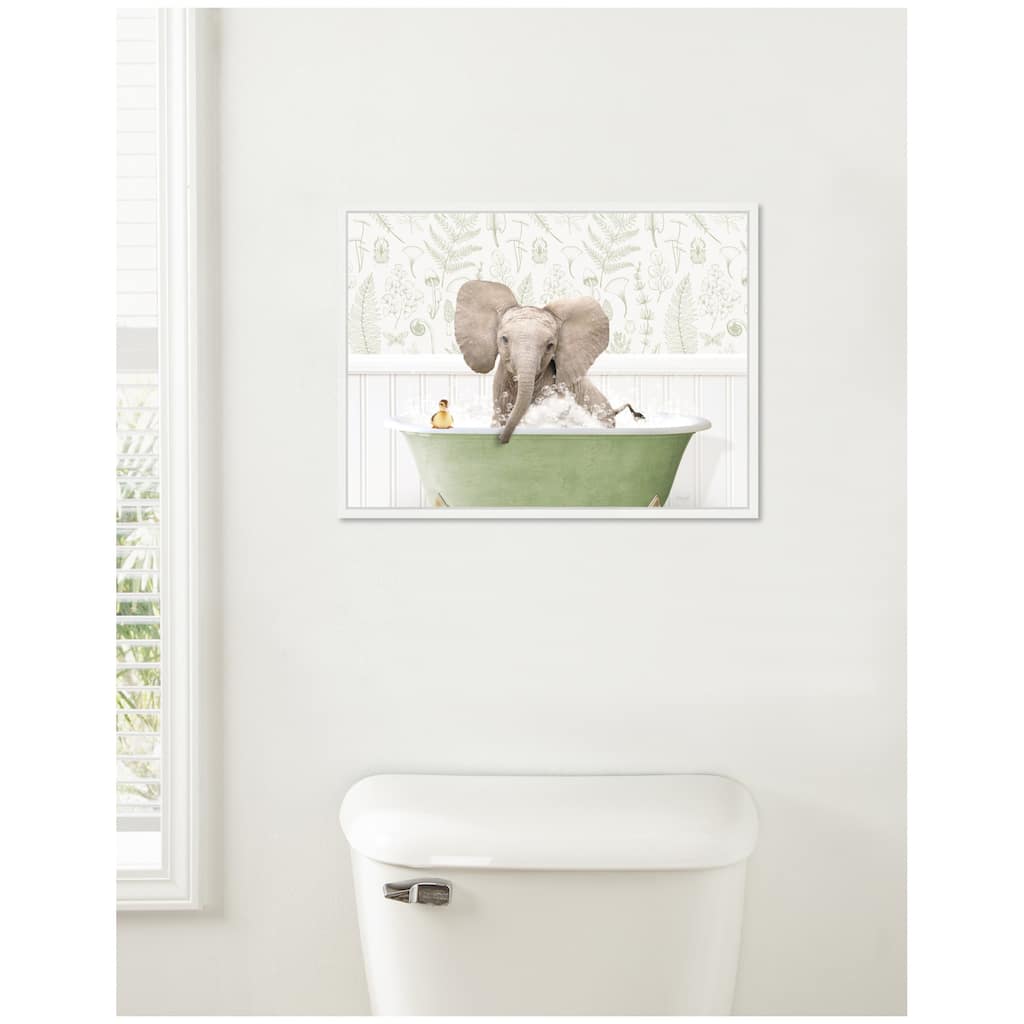 Kate and Laurel Sylvie Baby Elephant No3 in Fern Bath Framed Canvas by Amy Peterson