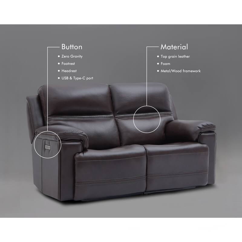 Genuine Leather Dual Power Reclining Loveseat with Zero Gravity, Adjustable Headrest, USB/Type-C