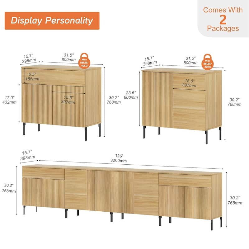 126" Modern Reeded Drawer Dresser Set With Doors, Minimalist Chest Of Drawers With Storage