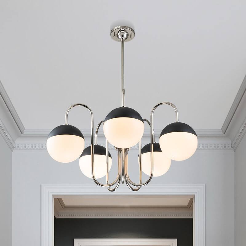 5-Light Mid-century Opal Glass Swan-neck Chandelier - Nickel