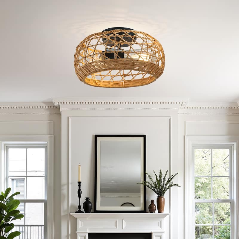 2-Light Hand-woven Rattan Semi-Flush Mount Ceiling Light - Brown