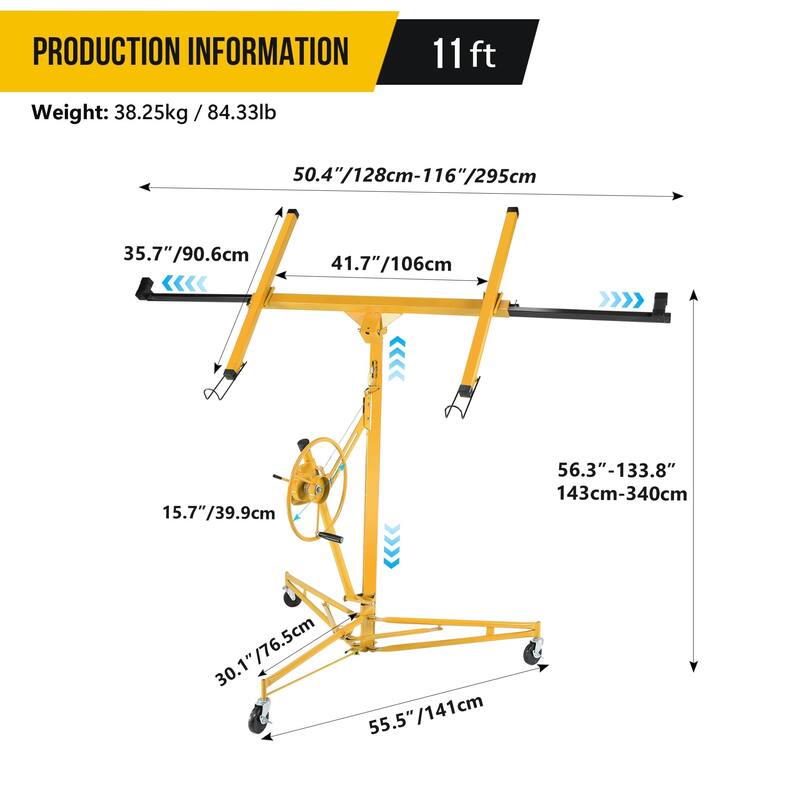 Drywall Lift 11FT, 150lb Capacity Heavy Duty Sheetrock Hoist w/Telescopic Arm & Locking Wheels, Steel Panel Lifter