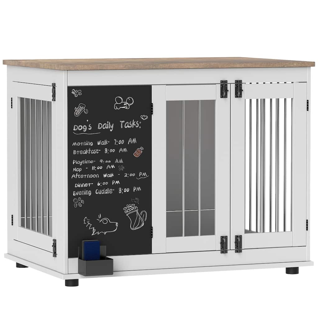 PawHut Dog Crate Furniture with Chalkboard, 39" Furniture Style Dog Kennel for Large Dogs with Three Doors & Non-slip, White