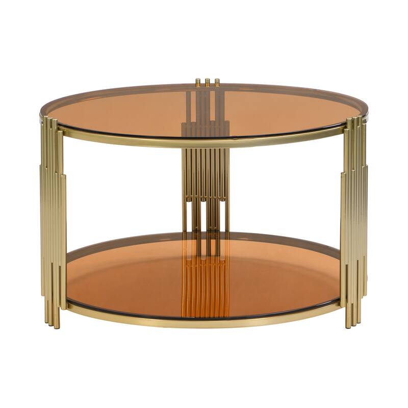 Roomfitters Modern Round Coffee Table, Glass Top with Gold Metal Frame and Lower Shelf, Elegant Living Room Accent Table