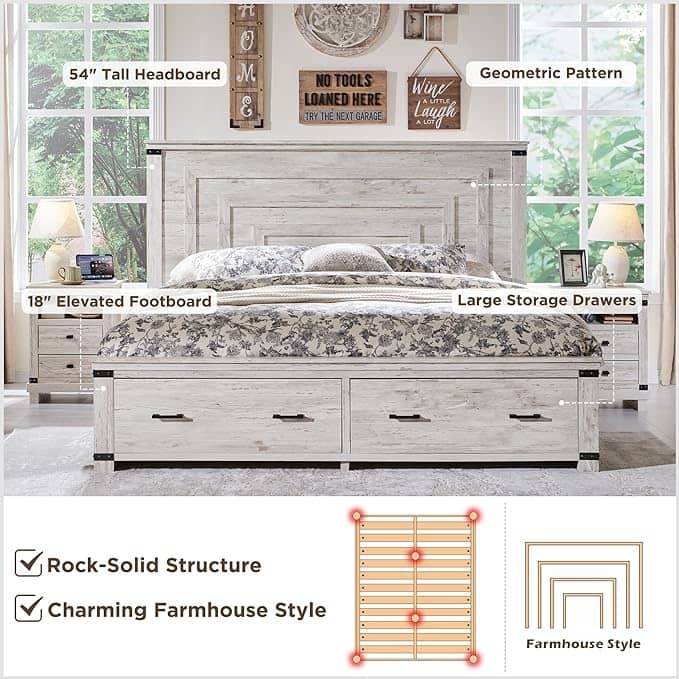 Farmhouse Queen Size Bed Frame w/ 54" Tall Headboard & 2 Large Drawers