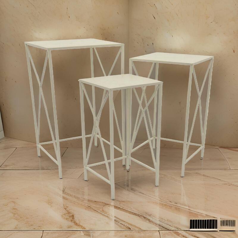 Hyan Modern Plant Stand Side Table Set of 3, Crossed White Metal Frame