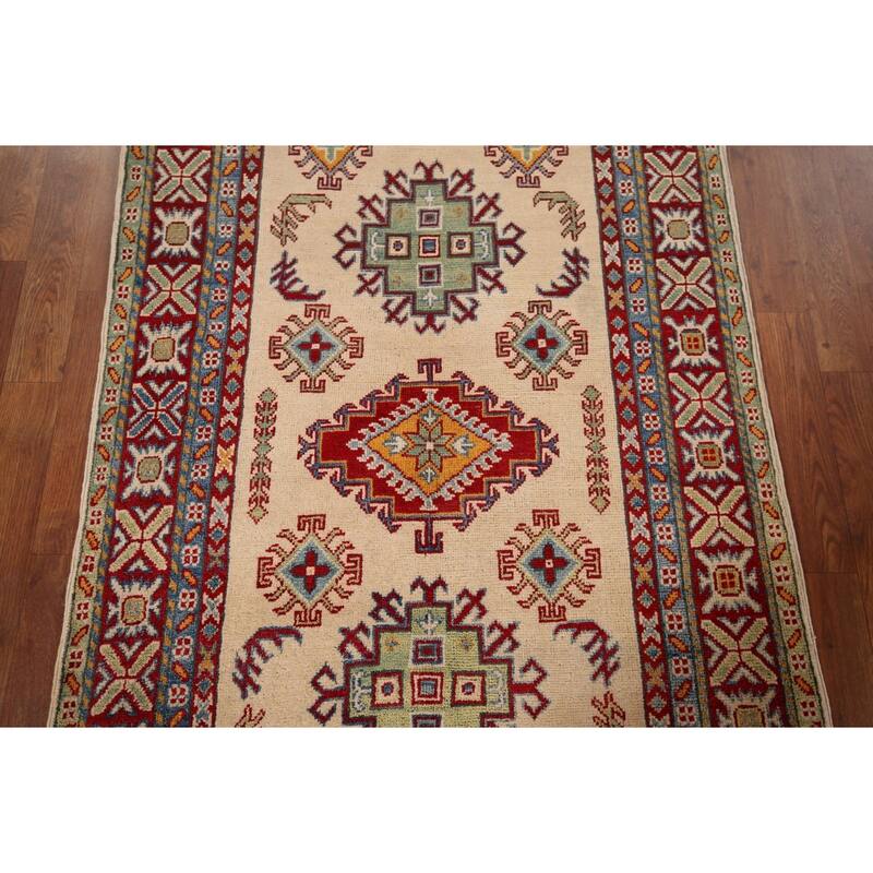 Geometric Beige Kazak Accent Rug Hand-Knotted Wool Carpet - 3'3" x 5'1"