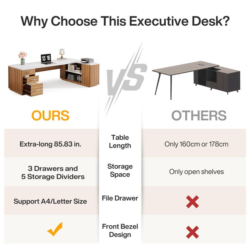 85.8" L-Shaped Executive Desk, Extra Large Office Desk with File Drawers