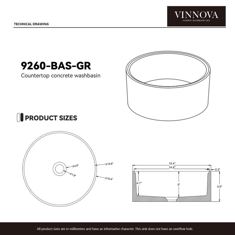 Vinnova Almonte Grey Concrete Circular Vessel Bathroom Sink - 15.4"L×15.4"W×5.9"H