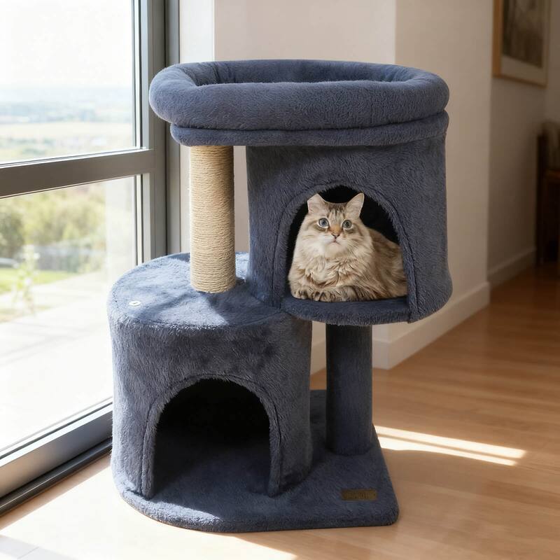 Costway 26” Small Cat Tree with Large Padded Plush Perch, 2 Condos, - See Details