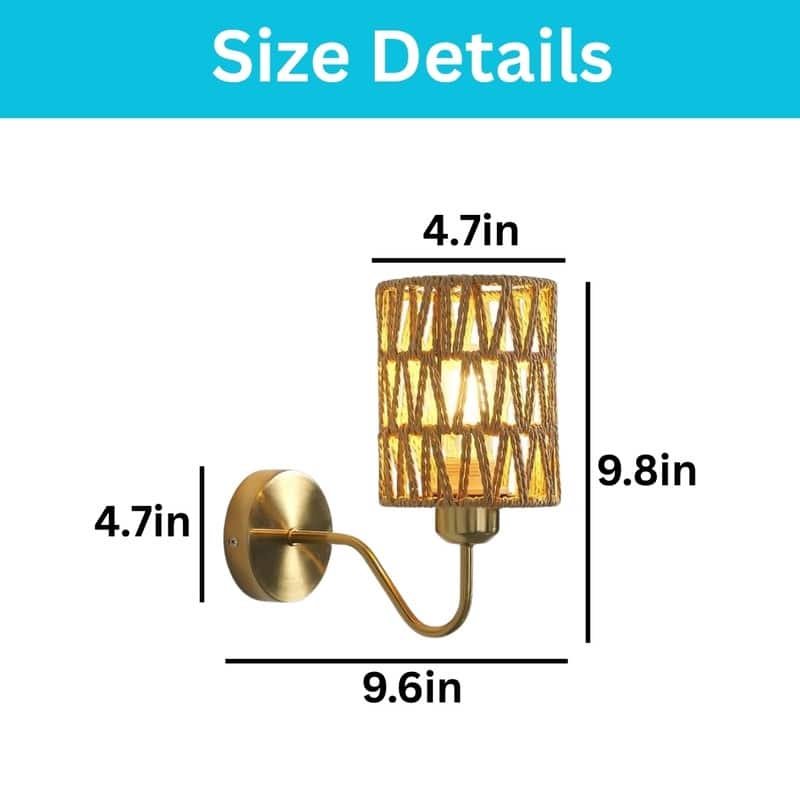 2 Pack bulb light gold light fixtures metal, rattan wall light