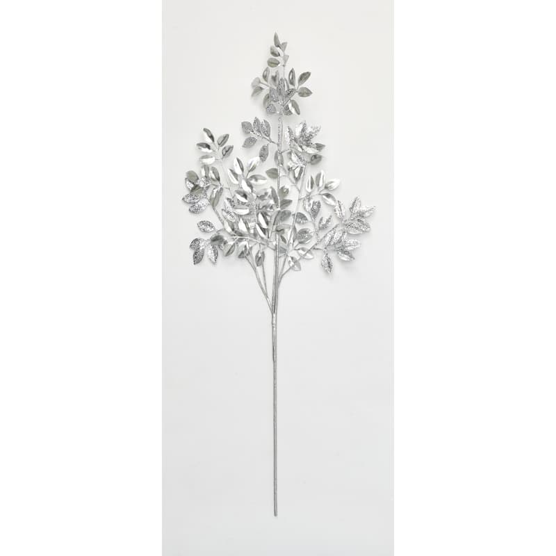 30" Glittered Leaves Spray, Silver, Set of 3 - Silver