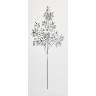 30" Glittered Leaves Spray, Silver, Set of 3 - Silver