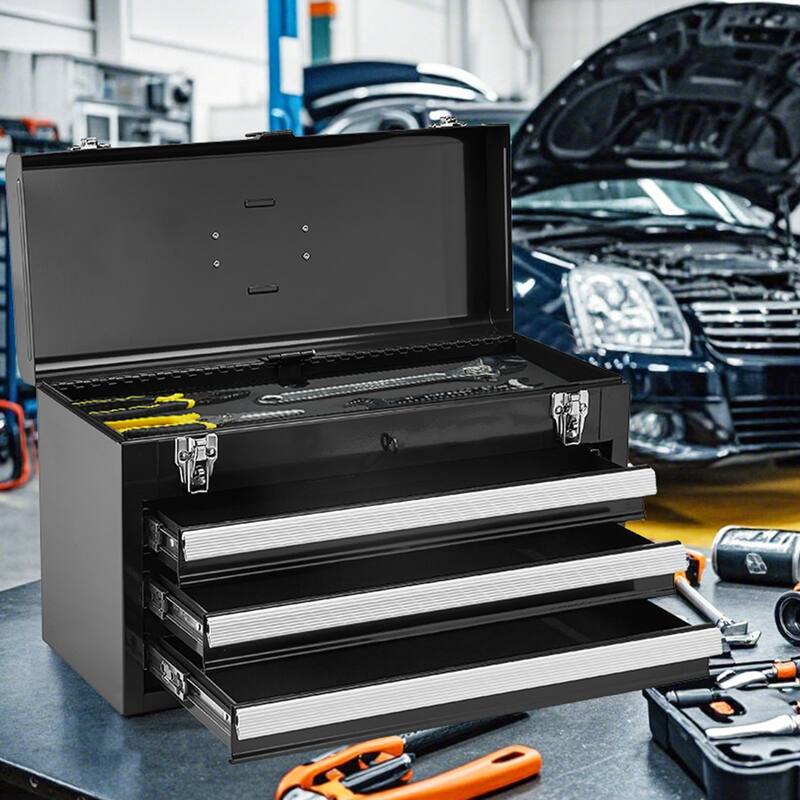 20.5 Inch Black Metal Portable Toolbox with 3 Drawers and Built In Lock Hole - 20.5 x 8.6 x 12 in