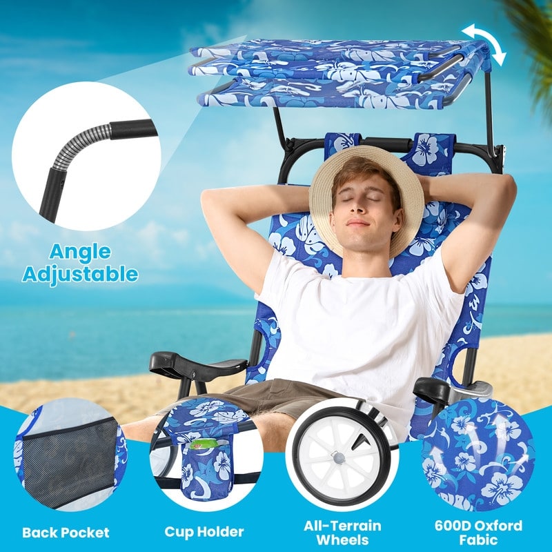 Beach Lounge Chair with Wheels and Canopy, Perfect for Pool or Picnic