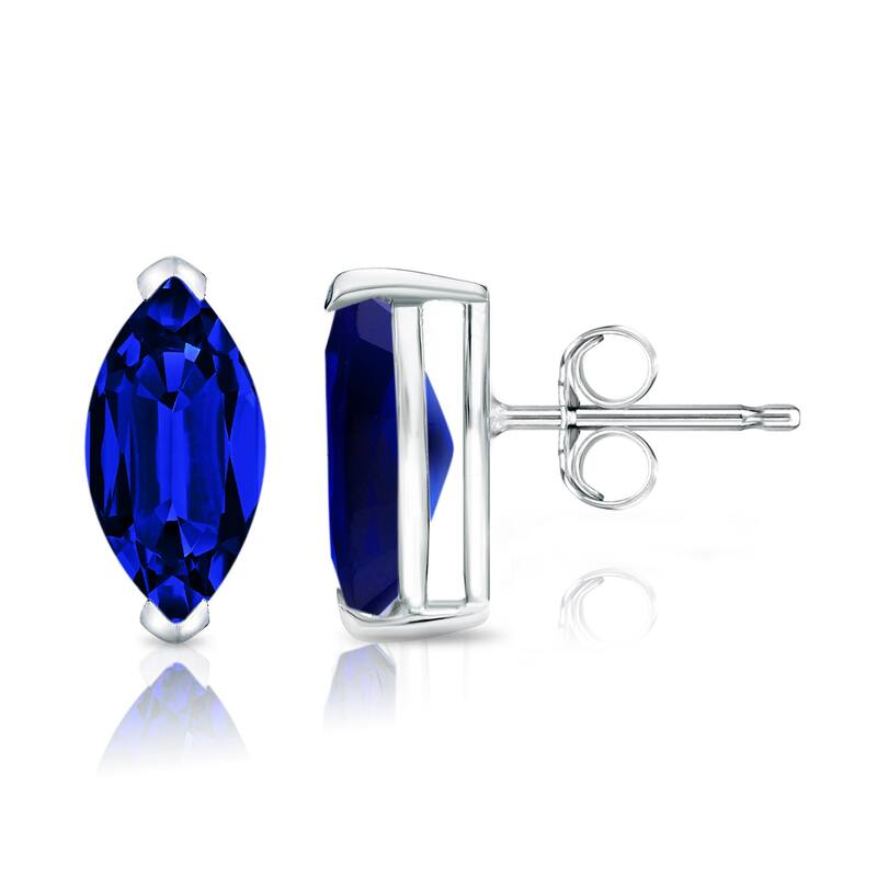 Auriya 14k Gold Lab Grown Gemstone Blue Sapphire Stud Earrings Marquise 0.25 to 5.00 ct. tw. V-End Prong Push-Back - 1.00ct tgw. - White