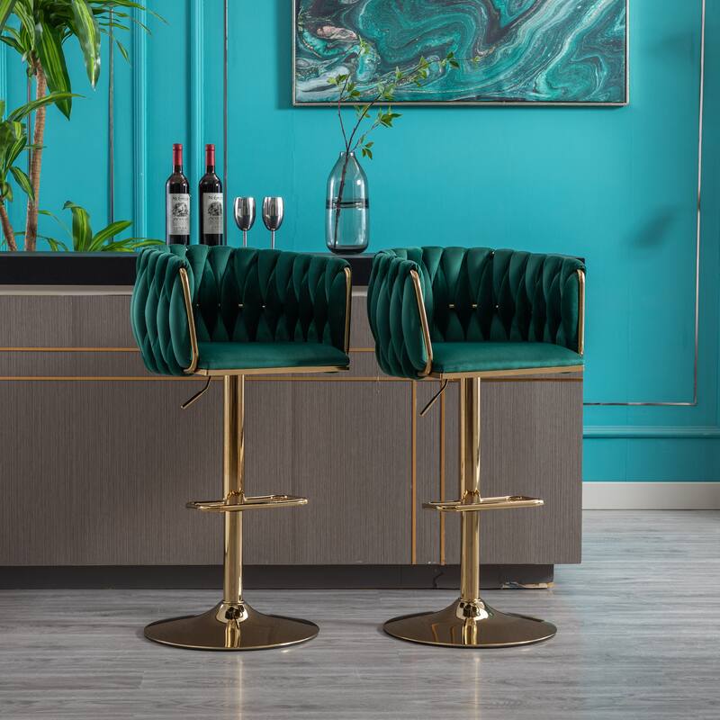 2 Velvet Bar Stools with Chrome Footrest and Base Swivel Height Adjustable - N/A