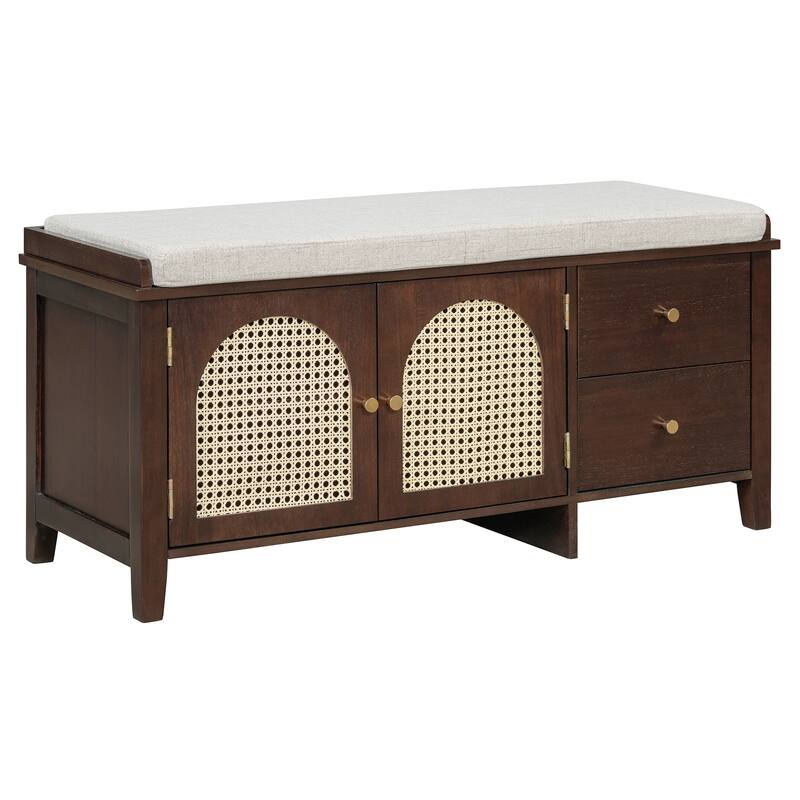 Wood Shoe Storage Bench with Cushion,2 Drawers and 2 Rattan Door