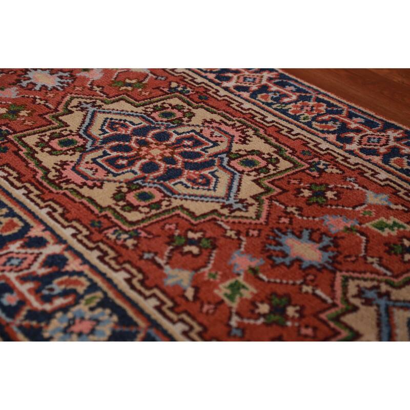 Hand Knotted Oriental 100% Wool Carpet Traditional Geometric Oranges & Rust Heriz (serapi) Runner Rug - 8' 0'' X 2' 6''
