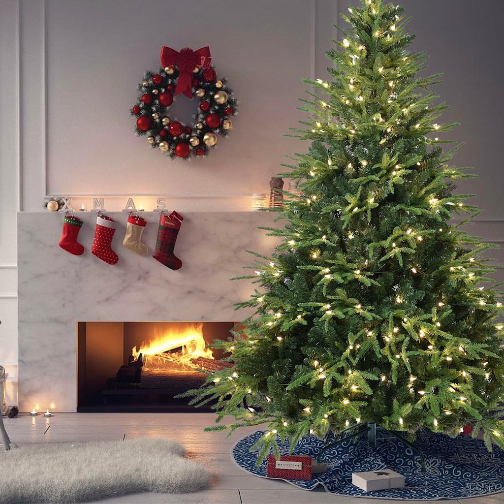 Pre-Lit Artificial Christmas Tree - Warm White Incandescent Lights, PE/PVC Branches, Metal Stand - Green