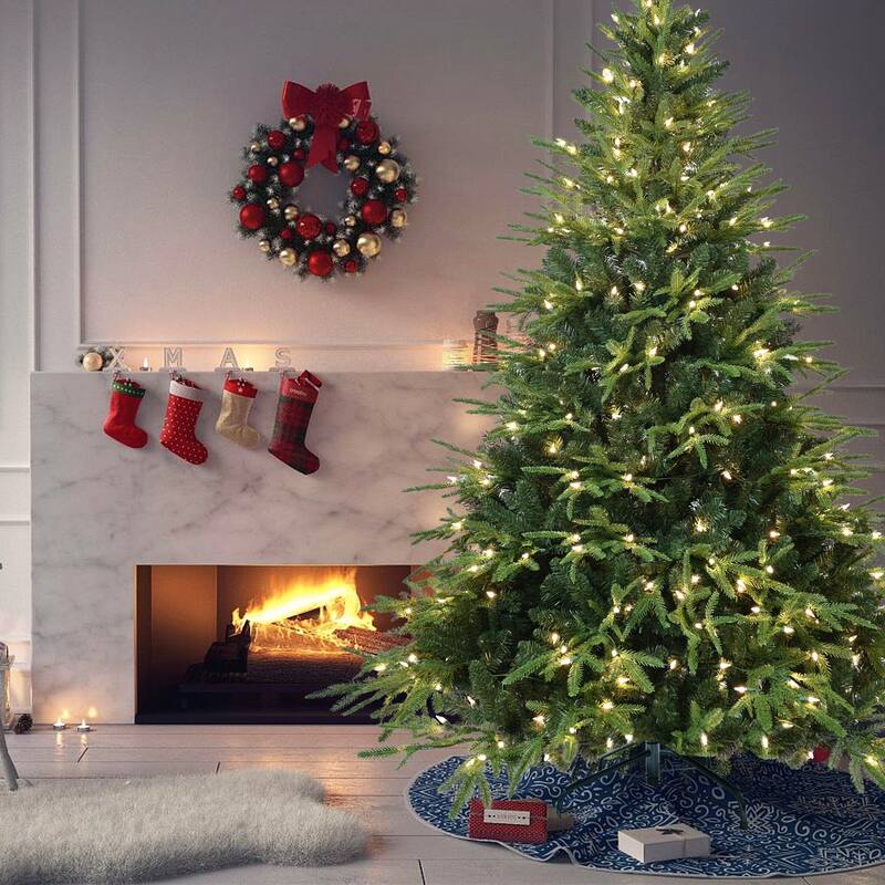 Pre-Lit Artificial Christmas Tree - Warm White Incandescent Lights, PE/PVC Branches, Metal Stand - Green