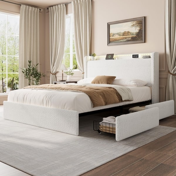 slide 2 of 18, Boucle Bed Frame with Storage Headboard, Upholstered Platform Low Profile Bed Frame with 4 Storage Drawers White_Full - Full