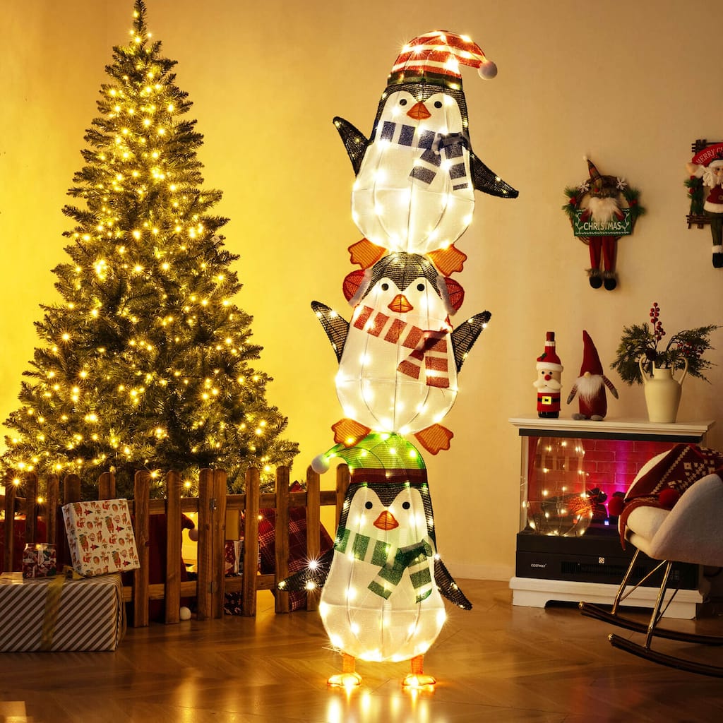 Costway Lighted Penguins Decoration Set of 3 with 156 Warm White - as pic shows - See Details