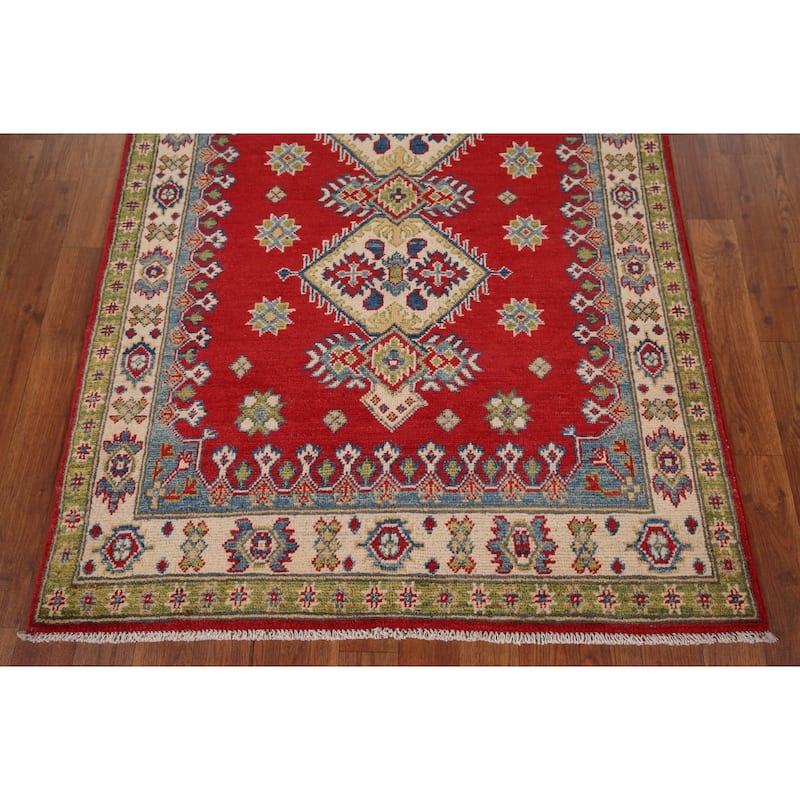 Red Geometric Kazak Accent Rug Hand-Knotted Wool Carpet - 3'5" x 4'10"