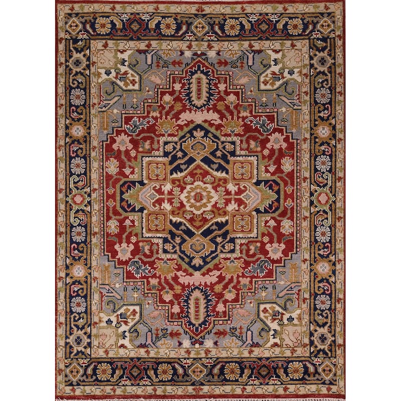 Geometric Heriz Serapi Indian Area Rug Handmade Red Wool Carpet - 7'10"x 10'0"