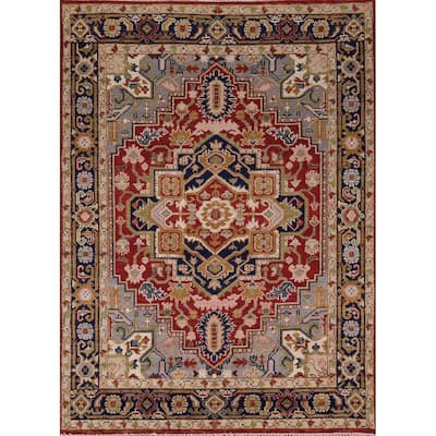 Geometric Heriz Serapi Indian Area Rug Handmade Red Wool Carpet - 7'10"x 10'0"