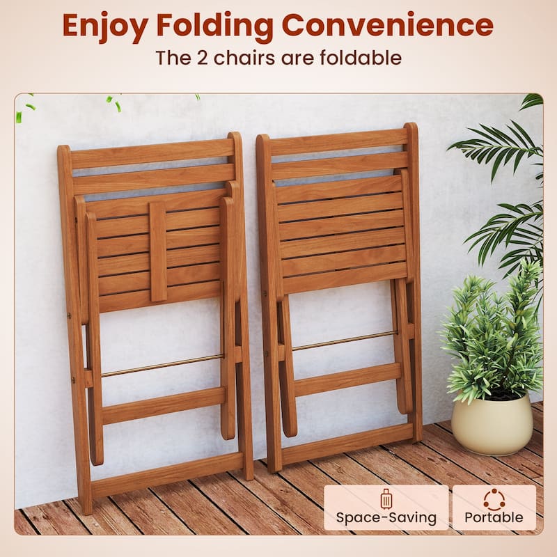 Gymax 3 PCS Outdoor Wood Bistro Set w/ 2 Folding Chairs & Dining Table