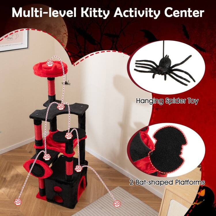 Black and Red Gothic Cat Tree Tower with Condo Perch Hammock and Scratching Posts - 52"
