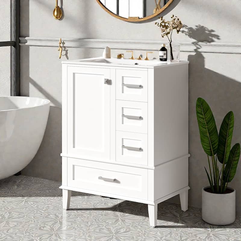 24.8" Bathroom Vanity with Ceramic Sink, Freestanding Cabinet with Soft-Close Door and 3 Drawers, Modern Style