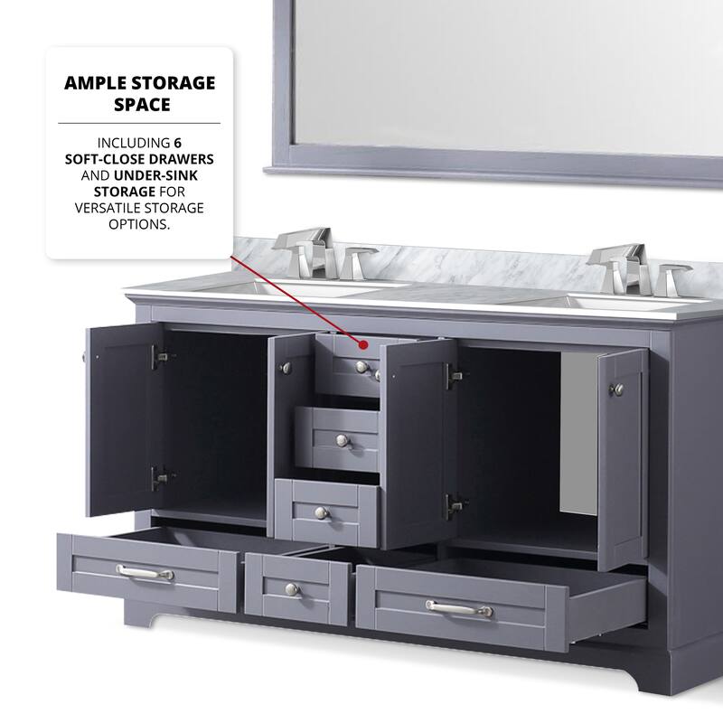 Dukes 60 in. W x 22 in. D Navy Blue Double Bath Vanity, Carrara Marble Top, Faucet Set, and 58 in. Mirror