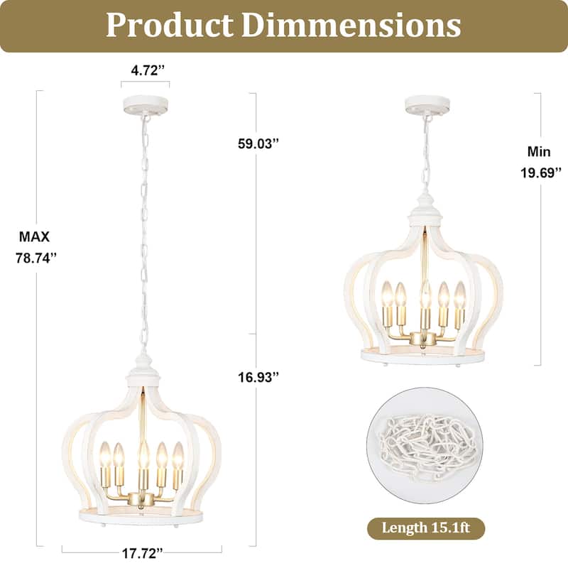 5-Light Rustic Crown Wood Ceiling Light Farmhouse Shabby Chic Chandelier, Bohemian Chandelier for Living Room Dining Foyer