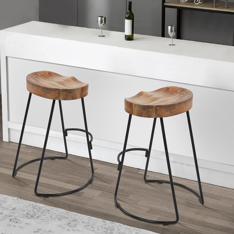 30 Inch Handcrafted Backless Counter Height Barstool Natural Brown Mango Wood Saddle Seat Black Iron Base