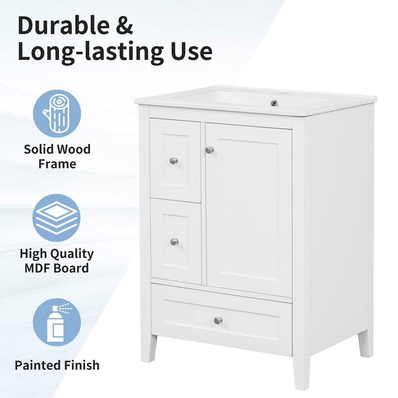 24" Bathroom Vanity with Sink, Adjustable Shelf, 3 Drawers, and Glossy White Finish - Freestanding MDF Cabinet,Storage Organizer