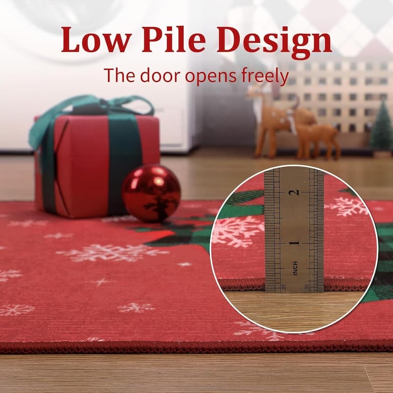 Christmas Rug with Snow Reindeer Area Rugs for Living Room, Low Pile Washable