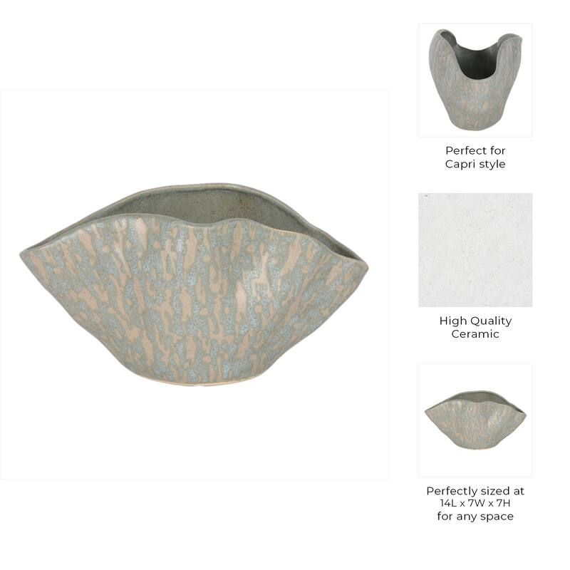 Ceramic Decorative Bowl Wavy Rim Speckled Glaze Capri Finish - 7" Blue - 14" x 7" x 7"