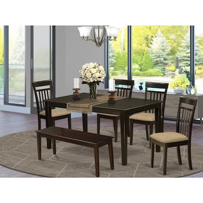 Vintage Kitchen Dining Set - 6 Piece Table & Chairs - Linen Fabric Bench - 36x60 Inch Cappuccino