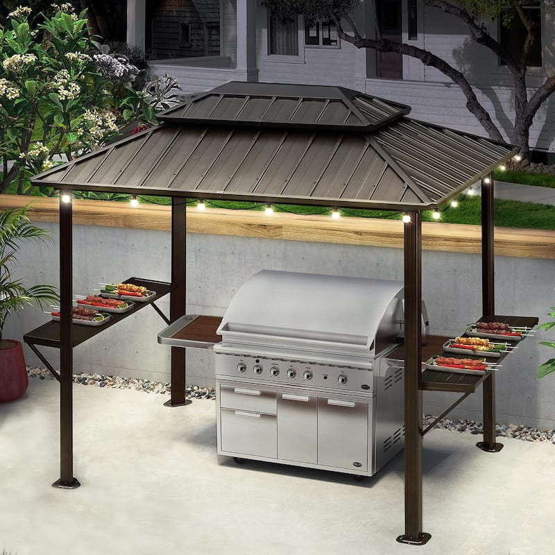 PURPLE LEAF 6ft x 8ft Hardtop Grill Gazebo Galvanized Steel Roof Outdoor BBQ Canopy, Bulbs included