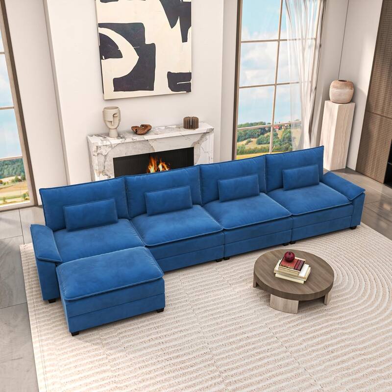 Kullavik Cloud Chenille L-Shaped Sofa, Modular Sectional Sofa with Ottoman, Throw Pillows and Double Layered Cushion - 5pcs-Navy