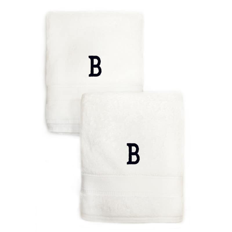 Authentic Hotel and Spa 2-piece White Turkish Cotton Hand Towels with Black Monogrammed Initial - White/B