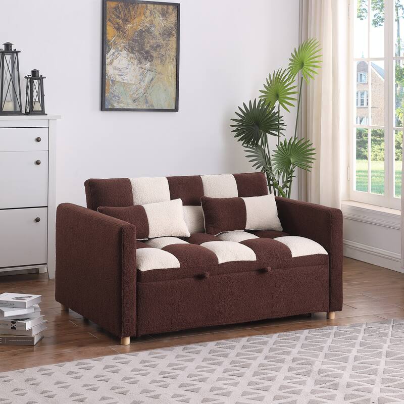 Brown Beige Convertible Sofa Bed Multifunctional Loveseat Sleeper Sofa Couch Pull-Out Sofa Bed with Metal Frame