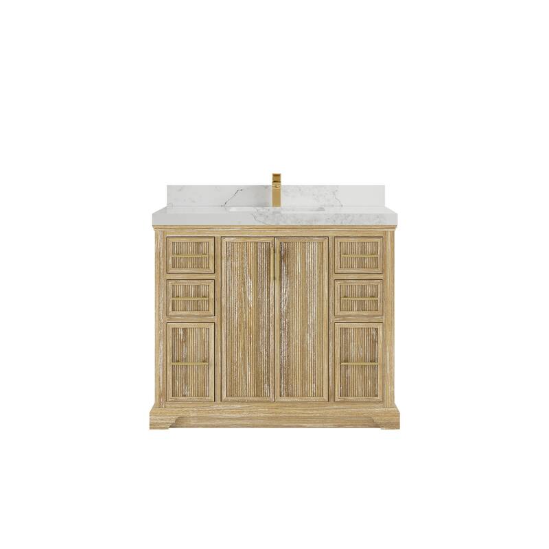 Willow Collections 42 x 22 Alys Solid Teak Wood Single Sink Bathroom Vanity with Quartz or Marble Countertop - 2"Calacatta Nuvo - Whitewashed